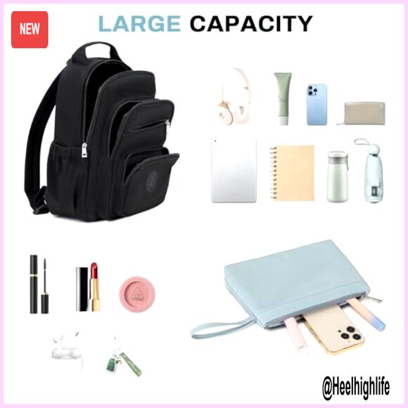 Mini Nylon Backpack Purse with Luggage Strap, 7 Pockets, Water Resistant